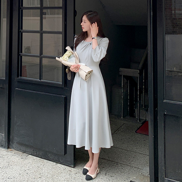 (하객룩/격식룩/베스트신상♥) 베르엘 언발 꼬임 7부 퍼프소매 플레어 롱 원피스