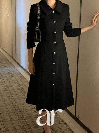 (MADE/국내제작/펄감한스푼=격식룩무드200%) 메르덴 펄 트위드 카라 긴팔 롱 원피스