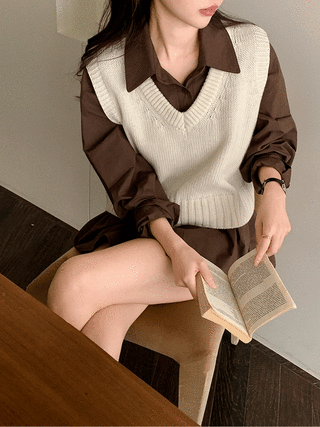 (데일리트렌디룩/레이어드템) 노바라 베이직 브이넥 크롭 니트 베스트