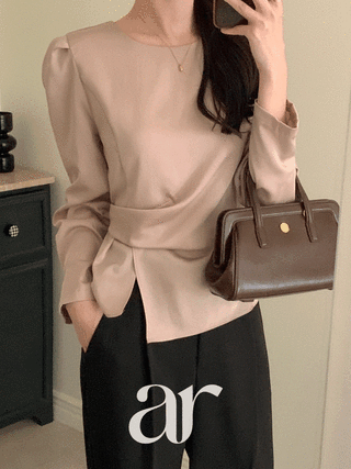 (출근-하객1위/체형순삭) 메리안 언발 셔링 라운드넥 긴팔 블라우스