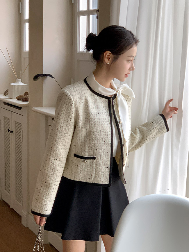 銀装 ボタン ツイード ウール ジャケット | 韓国レディース