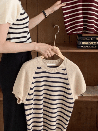 (팔뚝군살소멸/부드러운촉감♥) 엘링턴 스트라이프 래글런 반팔 니트