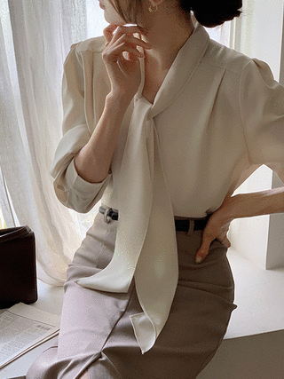 (브랜드디자인/활용도최고/구김↓) 드라엘 브이넥 타이 긴팔 블라우스