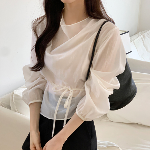 (텐셀소재/저렴이비교불가/구김X/고급미♥) 플로이 실크 언발 스트랩 드레이프 긴팔 블라우스