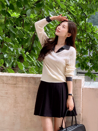 [1000장 돌파✨] [울함유] (레이어드한듯/소장추천템♥) 케이트 레이어드 배색 카라 케이블 니트