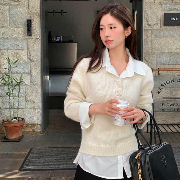 [울함유] (출근룩으로 박제하세요♥) 코벤트 셔츠 배색 레이어드 버튼 니트