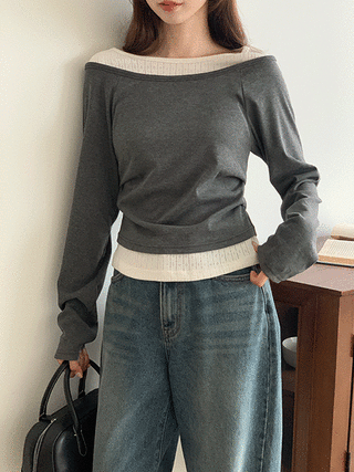 (레이어드한듯/여리핏♥) 노엘 펀칭 보트넥 배색 레이어드 긴팔 티셔츠