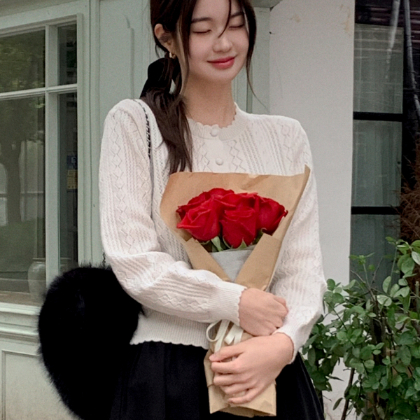 (오늘기분여리해♥/물결포인트) 프리온 다이아 패턴 물결 니트 가디건