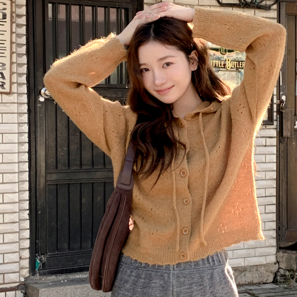 [울함유] (울10%/물결포인트/포근여리♥) 로텐 스카시 니트 후드 가디건