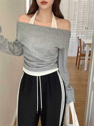 (레이어드한듯/투웨이넥/꾸안꾸♥) 바리덴 골지 홀터 셔링 레이어드 티셔츠