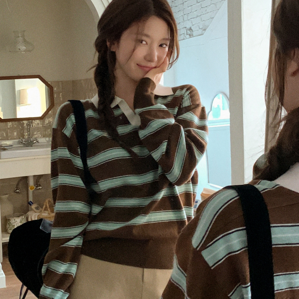 (보풀걱정OFF/보들촉감/여리핏UP♥) 라일리 배색 스트라이프 펜던트 카라넥 니트