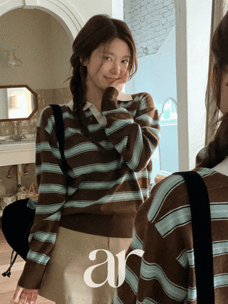 (보풀걱정OFF/보들촉감/여리핏UP♥) 라일리 배색 스트라이프 펜던트 카라넥 니트