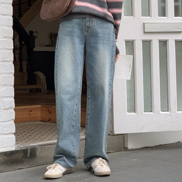 (사계절데님/탄탄난스판/동양인추천핏) 모덴느 캣브러쉬 워싱 하이웨스트 스트레이트 일자핏 데님 팬츠