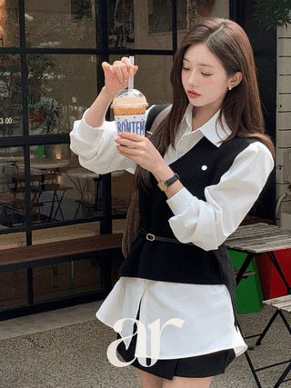 [1000장 돌파✨] (셔츠&니트조끼+벨트set♥/출근룩교과서) 페리스 셔츠 언발 니트 베스트 벨트 쓰리피스 세트