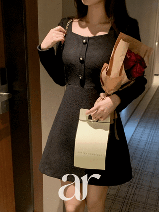 (미니&롱/하객룩추천♥) 엘리샤 2기장 오각넥 진주 버튼 트위드 원피스