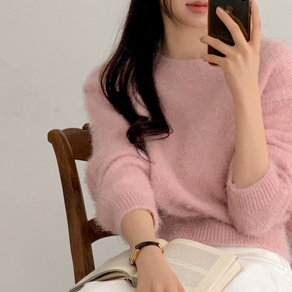 (복실복실/솜사탕색감♥/여리맛) 루미아 라운드넥 세미 크롭 솔잎 니트