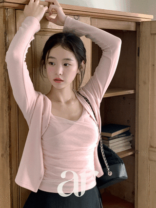 (브라리스여신템♥/여리여리SET) 엘비아 샤 셔링 슬리브리스 긴팔 가디건 세트