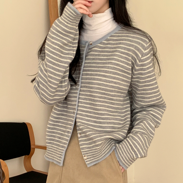 (컬러밸런스♥/단정한핏) 로엔토 배색 스트라이프 라운드넥 니트 가디건