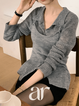 [울함유] (2벌세트구성/단독활용도갑/여리핏♥) 카멜리 레이어드 뷔스티에 니트 카라 가디건 세트