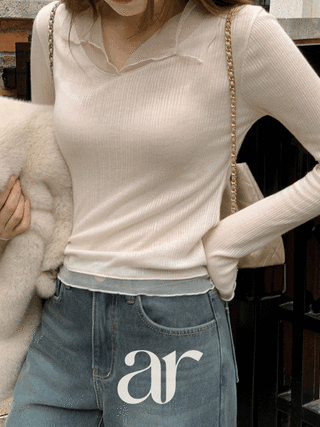 (기모옵션추가/블라우스티♥/여리핏/소프트스판) 헤이라 망사 카라 긴팔 티셔츠