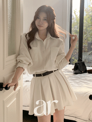（ピーチ起毛バージョン／ベルトセット／体型カバーシルエット／着回し力抜群）ベルト付き プリーツ シャツワンピース op16234