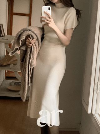 ハーフネック サイドシャーリング 半袖ニット フレアロングワンピース op16238