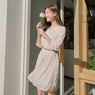 소녀의향기 벨트세트 구성의 기계주름 쉬폰 원피스 dress
