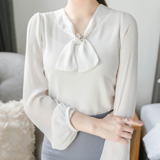 bs2279 로맨틱한 진주 비즈 장식이 돋보이는 리본타이 스판 블라우스 blouse