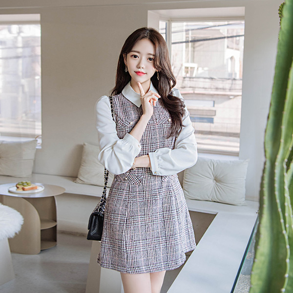 op3930 클래식한 무드의 체크패턴 진주장식 모직 원피스 dress