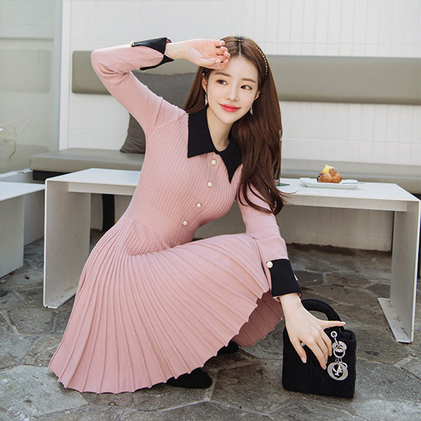 op4086 여리여리 단아하고 여성스러운 진주버튼 카라배색 니트원피스 dress