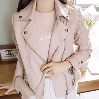 유연하고 소프트한 패브릭의 미니 라이더 f자켓 jacket 벚꽃룩 레더자켓