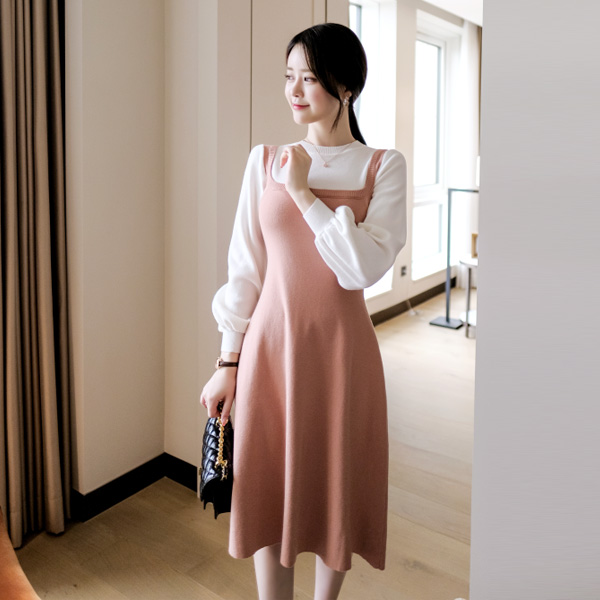 op5742(A) 우아하며 고급진 무드의 배색디자인 롱플레어 니트원피스 dress