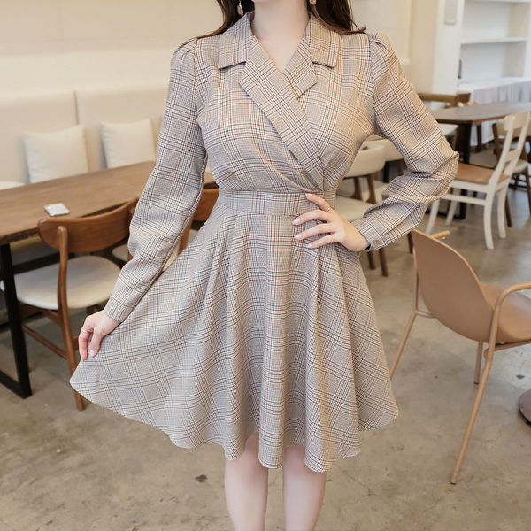 op5795 로맨틱한 플레어 훌 라인의 클래식 체크 카라 랩 A라인 리본 원피스 dress