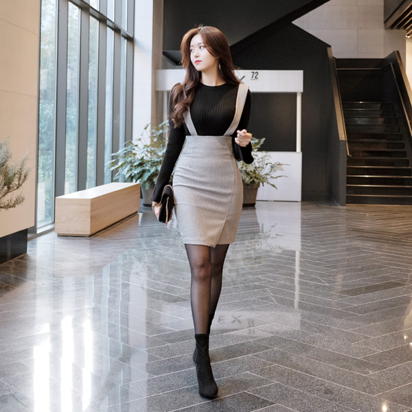 세련된 하운드투스 패턴의 하이웨이스트 레이어드 서스펜더 원피스 dress