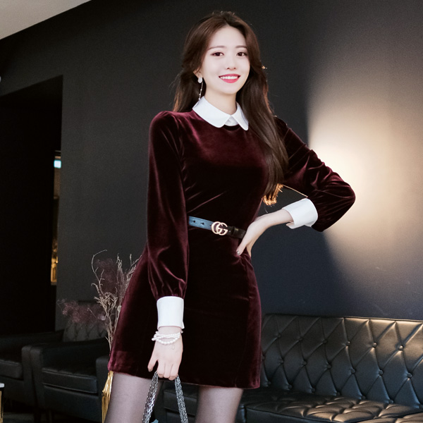 op5924 발랄하고 고혹적인 하이퀄리티 카라 리본장식 벨벳 슬림 세미 플레어 원피스 dress