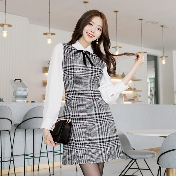 op6017 리본 브로치가 로맨틱무드를 더해주는 체크패턴 배색의 카라원피스 dress