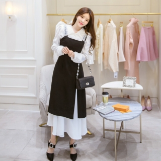 밑단 배색포인트 슬릿 디테일 롱 서스펜더 원피스 dress 벚꽃룩