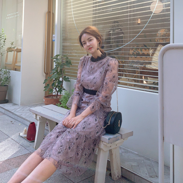 op6484 고져스한 무드로 완성된 시스루 플로럴 레이스 반하이넥 롱 원피스 dress