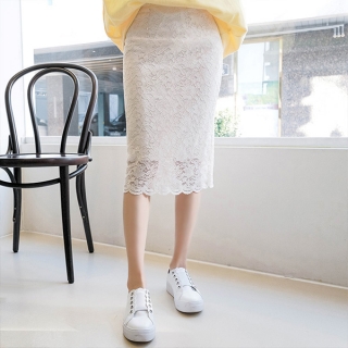 쫀득한 신축성의 플라워 레이스 밴딩 미디 스커트 skirt