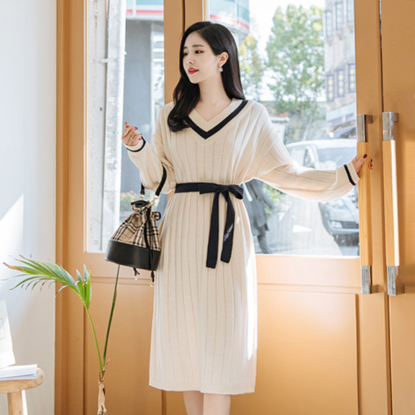 op6667 스트랩 벨트 구성의 배색라인 브이넥 니트 원피스 dress