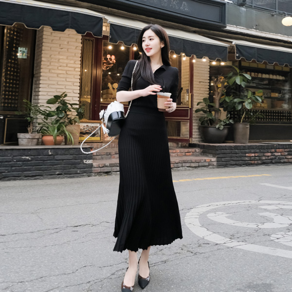 op6893 프리미엄 니트 원사로 제작된 V 카라넥 플리츠 롱 원피스 dress
