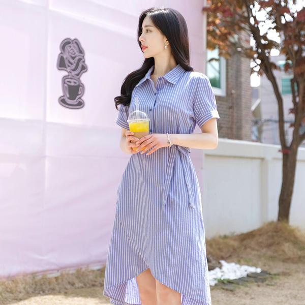 op6958 보기만해도 시원한 스트라이프패턴의 언발 랩디자인 셔츠원피스 dress
