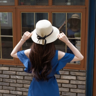 ac3936 리본 배색 핀턱 포인트로 뒷모습까지 예쁜 파나마햇 밀짚 모자 hat