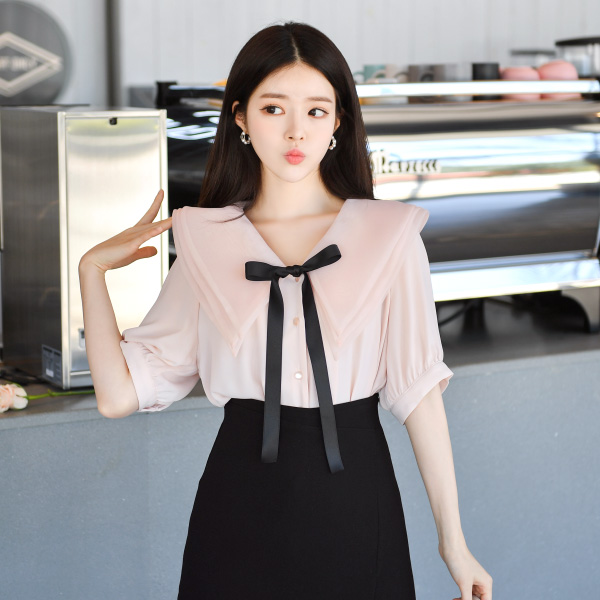 bs4327 장미꽃처럼 영롱한 배색 리본 오간자 빅 카라 쉬폰 반팔 블라우스 blouse