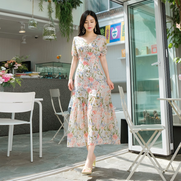 op7016 산뜻 시원한 플라워패턴의 드레시한 반팔소매 쉬폰롱 여름 원피스 dress