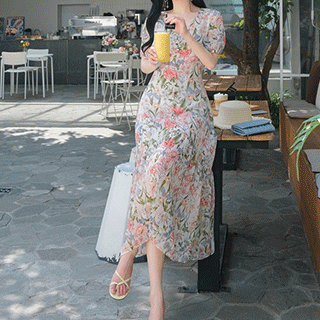 산뜻 시원한 플라워패턴의 드레시한 반팔소매 쉬폰롱 원피스 dress