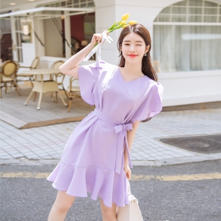 로맨틱한 튤립소매 포인트의 리본스트랩 밑단 프릴 원피스 dress