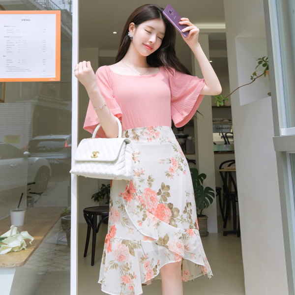 sk3496 여리한 수채화 플라워패턴 포인트 랩디자인 쉬폰 미디 스커트 skirt