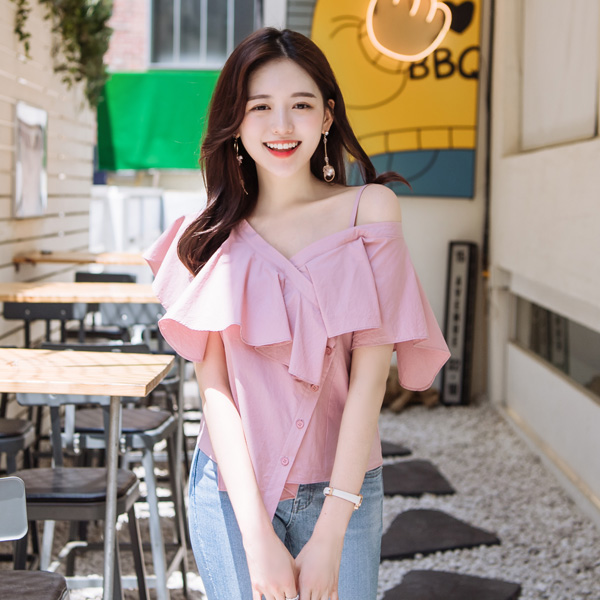 bs4362 청순섹시한 언밸런스 오프숄더 프릴디테일의 백밴딩 코튼 블라우스 blouse