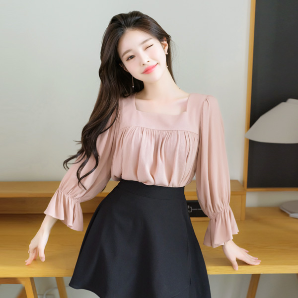 bs4368 사랑스러운 백리본 디테일의 7부 프릴소매 스퀘어넥 블라우스 blouse
